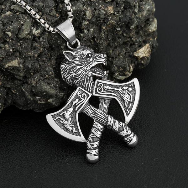 Vintage Vikings-Halskette mit Doppelaxt-Anhänger, 316L Edelstahl, verblasst nicht, klassische Wolfskopf-Halsketten, nordischer Schmuck